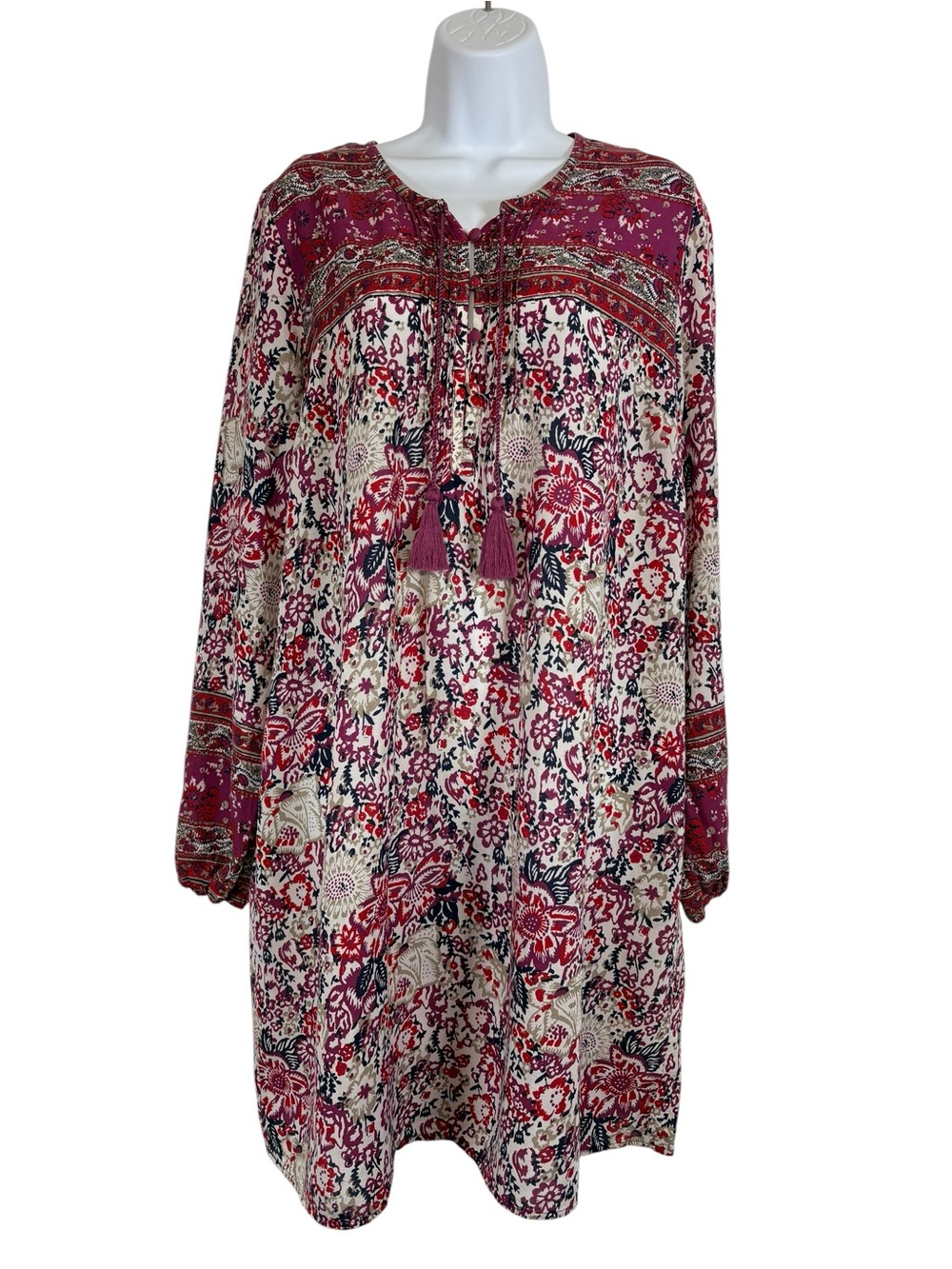 Lucky Brand Floral Boho Peasant Tunic Dress Tassel Tie Artisan Long Sleeve SzL